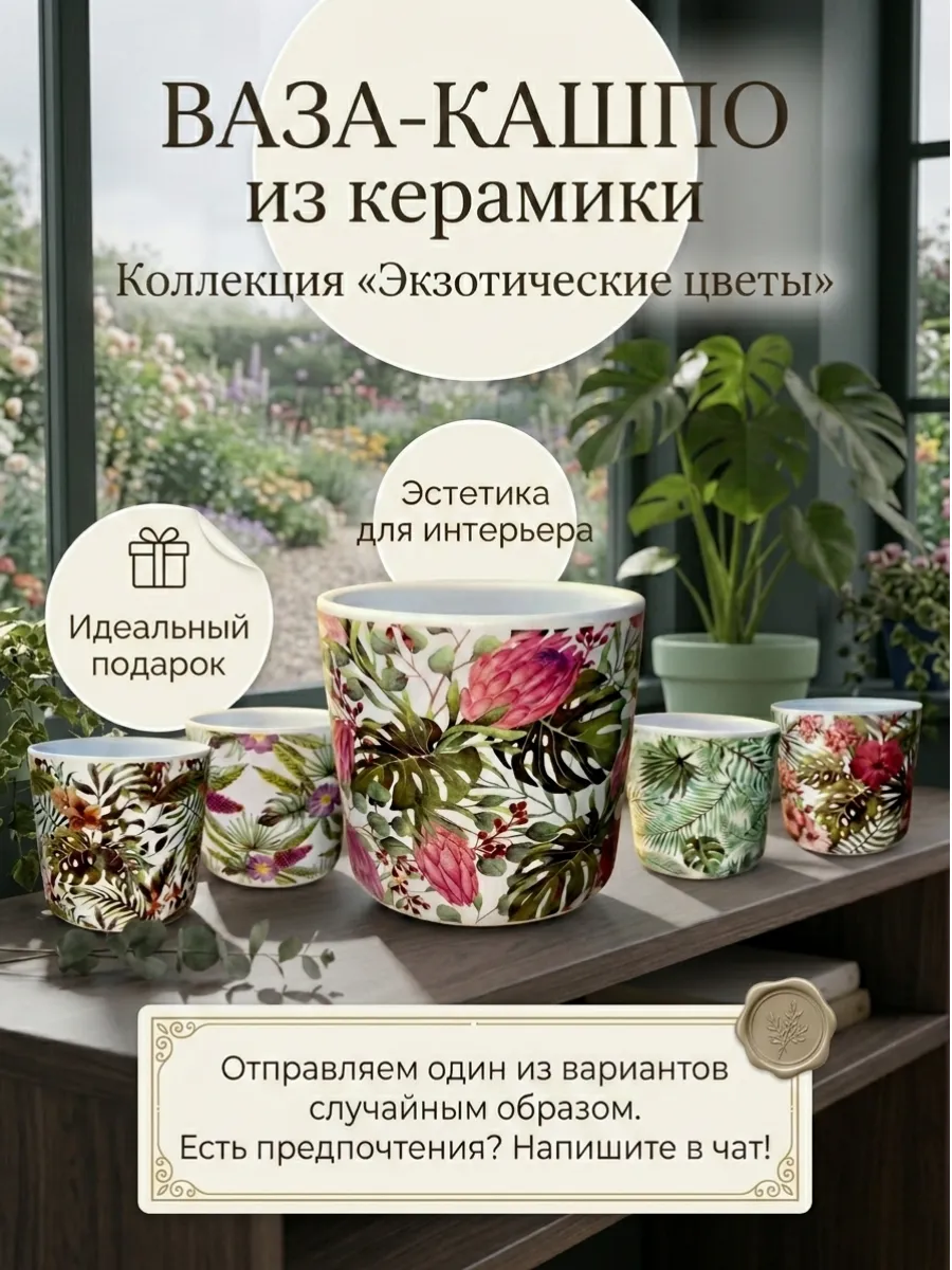 Ваза-кашпо керамическая Экзотические цветы декор