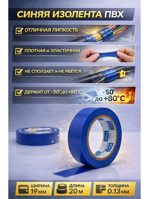 Сенсация Синяя электромонтажная изолента для проводки, 2 шт, 2 шт, фото 3