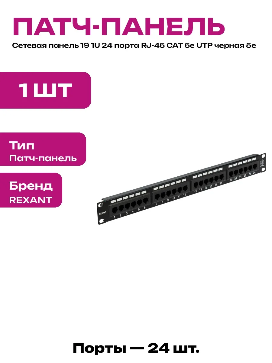 Коммутационная панель 24 порта 1U 19 дюймов Cat 5e черная