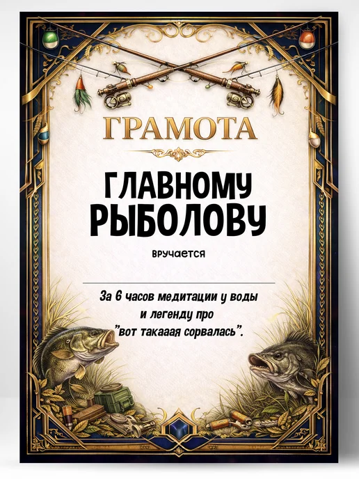 ЛАБОРАТОРИЯ ДЕТСТВА Грамота диплом в подарок - Главному рыболову, вариант