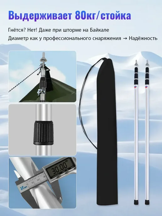 Стойки телескопические для тента и палатки 2,3 м, серебро, 2,3 м, фото 2