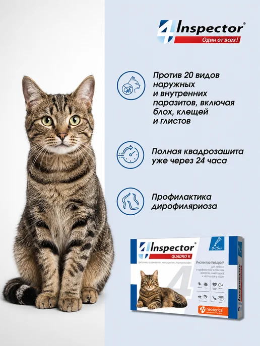 inspector Капли от глистов и клещей для кошек 1-4 кг 3 пипетки, 14 кг, фото 2