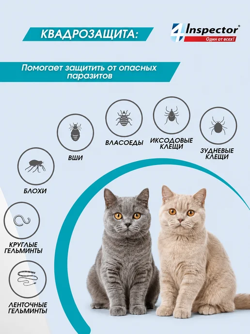 inspector Капли от глистов и клещей для кошек 1-4 кг 3 пипетки, 14 кг, фото 3