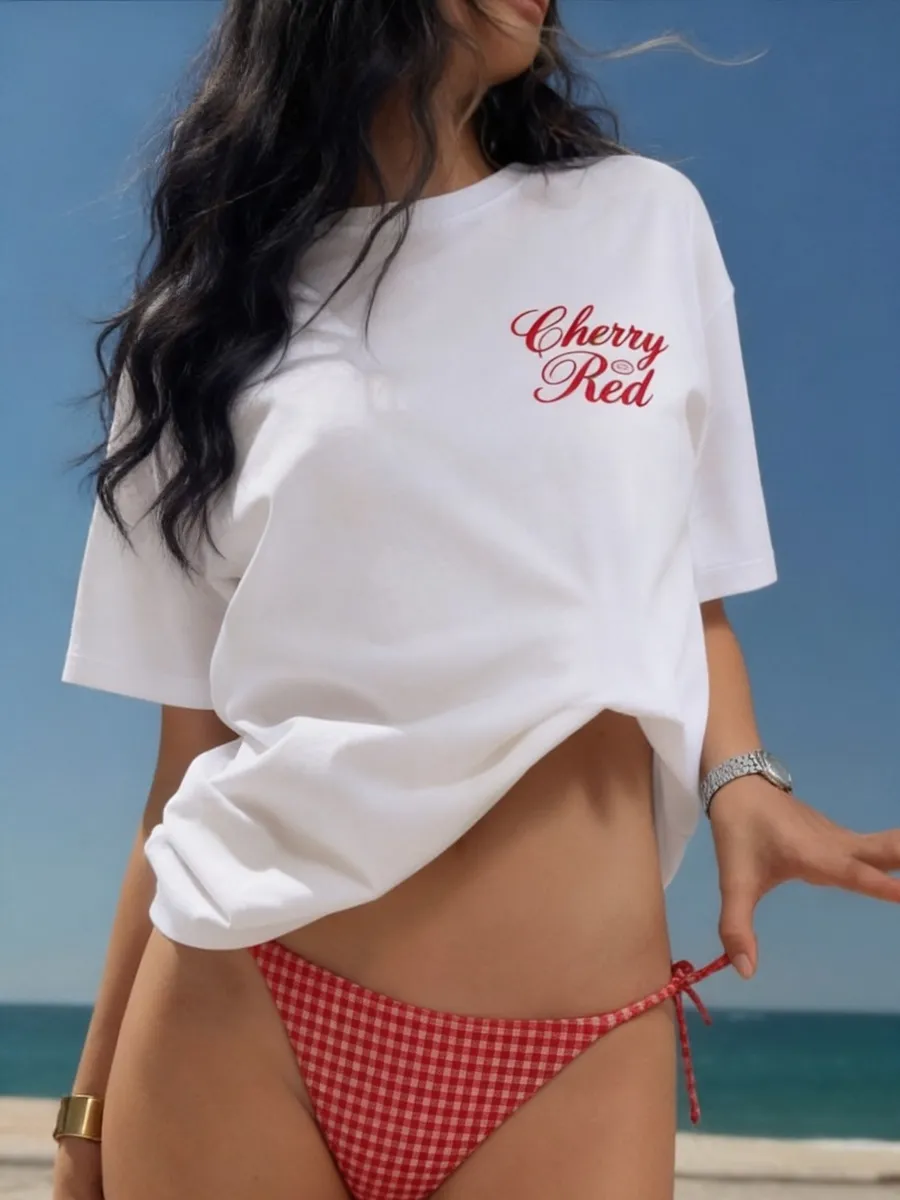 Белая футболка оверсайз с принтом на спине : Cherry red