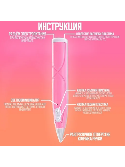 Розовая 3D ручка с светящимся пластиком и подставкой, розовый, фото 3