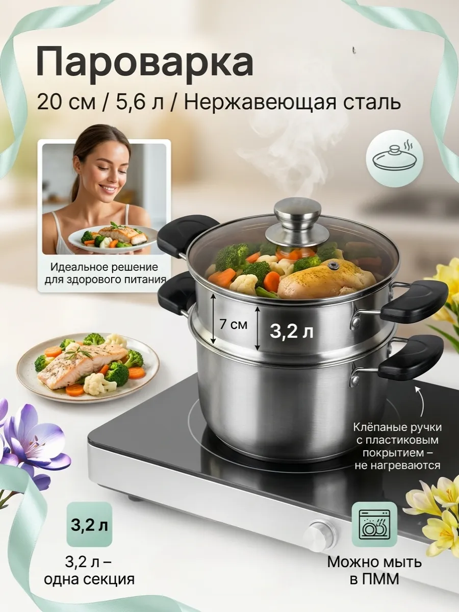 Пароварка из нержавеющей стали 20см объем 5.6л