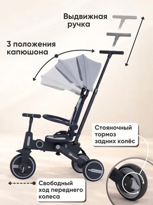 Khasmil Велосипед детский трехколесный складной 7в1, серый, фото 2