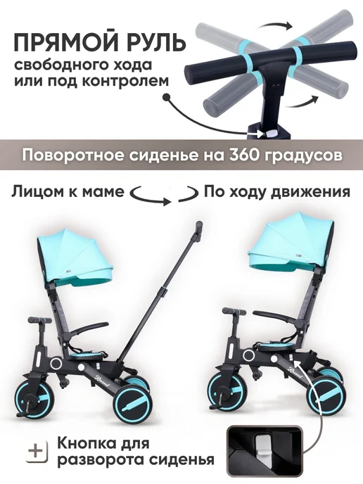 Khasmil Велосипед детский трёхколёсный с родительской ручкой, голубой, фото 2