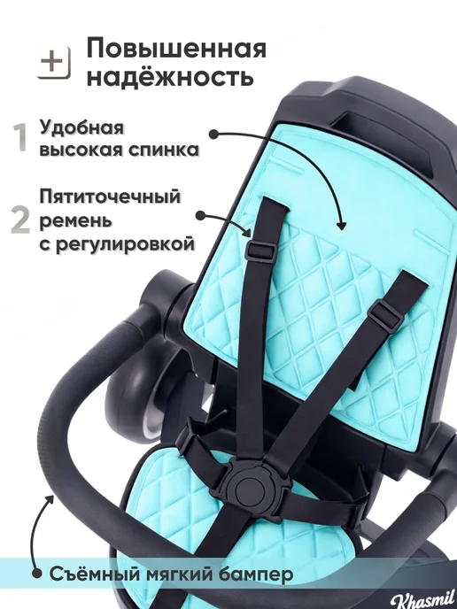 Khasmil Велосипед детский трёхколёсный с родительской ручкой, голубой, фото 3