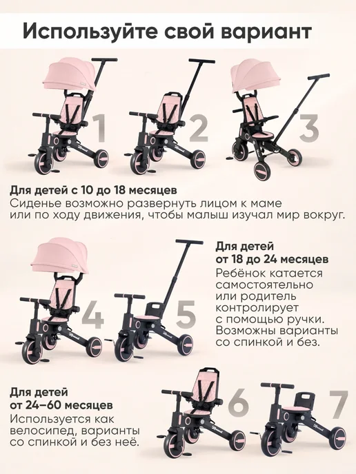 Khasmil Велосипед детский трехколесный складной 7в1, розовый, фото 4