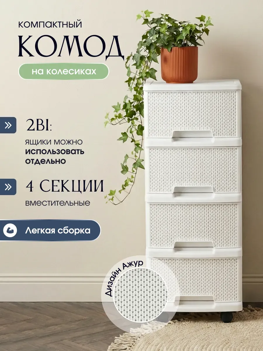 Пластиковый комод на колесиках с ящиками