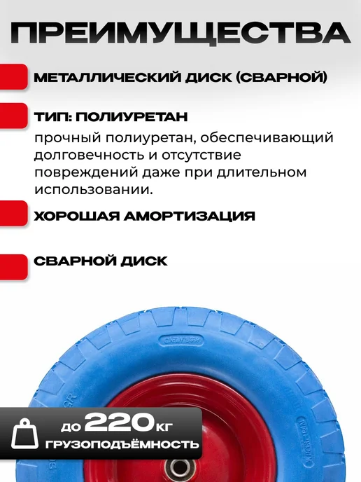 Колесо для садовой тачки бескамерное полиуретановое 395 мм, вариант, фото 2