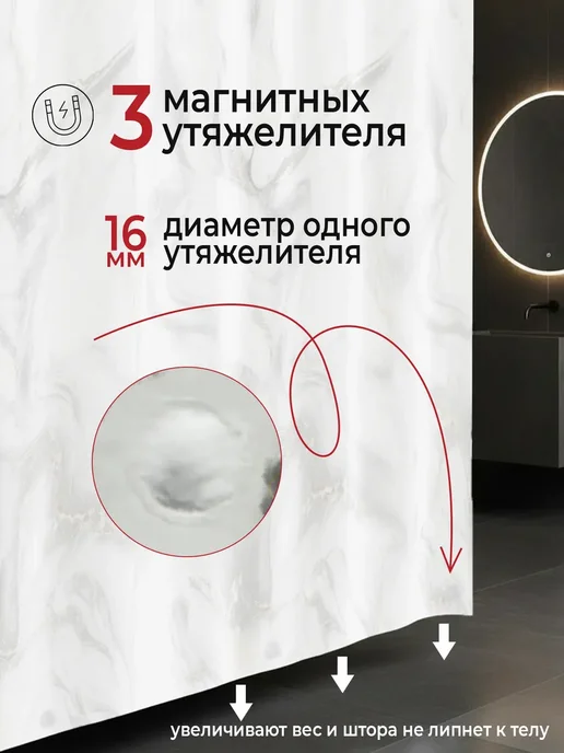 THIS.OK Штора для ванной 180х180 водонепроницаемая с магнитами, вариант, фото 3