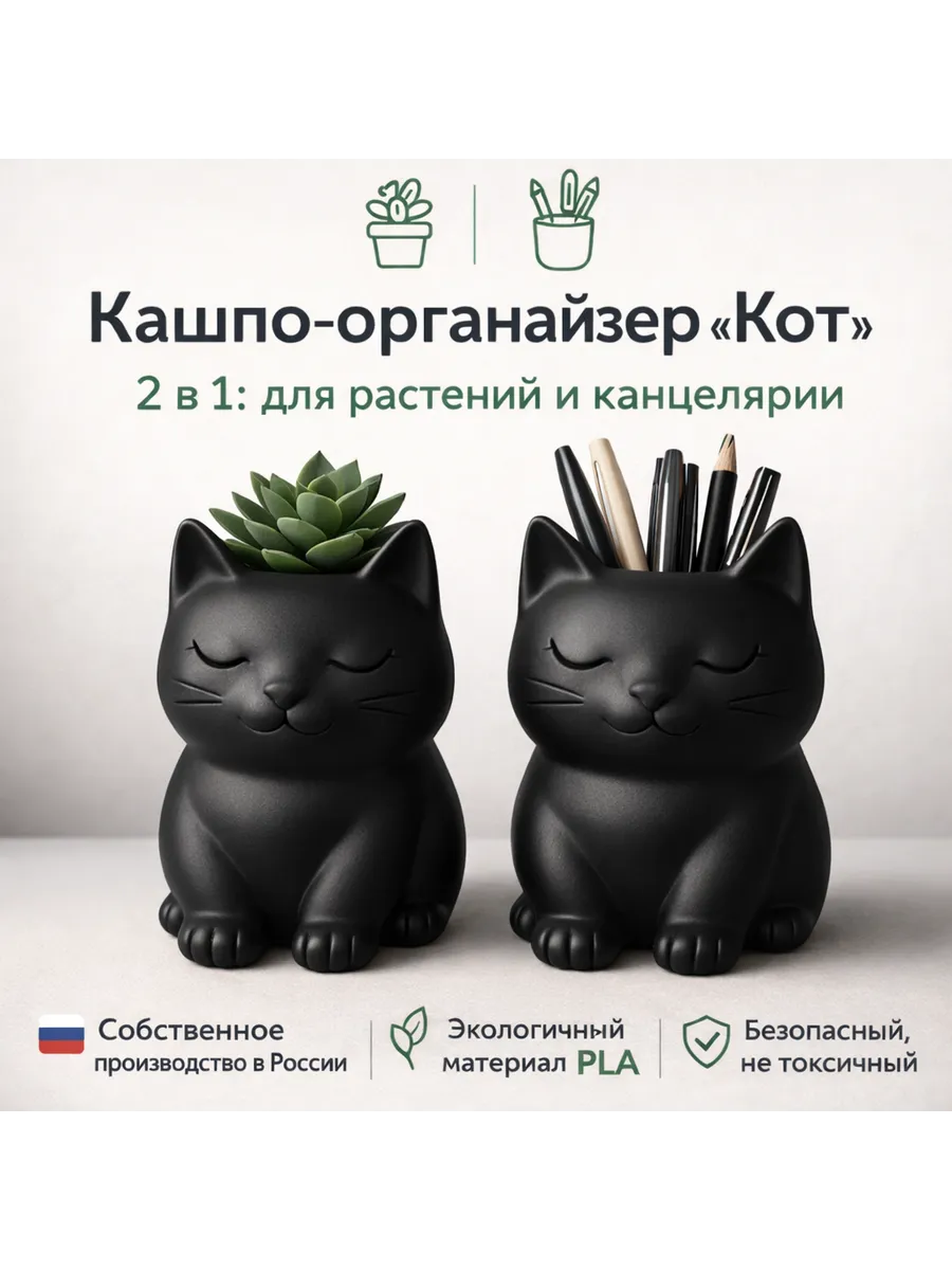 Органайзер для ручек, кашпо для растений Кот 2 в 1 Черный
