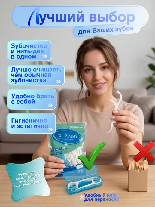 BoZhen Зубная нить флоссер с зубочисткой 100 шт, вариант, фото 2