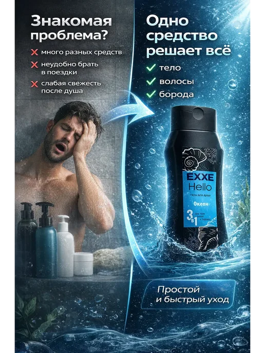 ОК26 Гель для душа мужской 3 в 1 освежающий аромат океана, вариант, фото 2