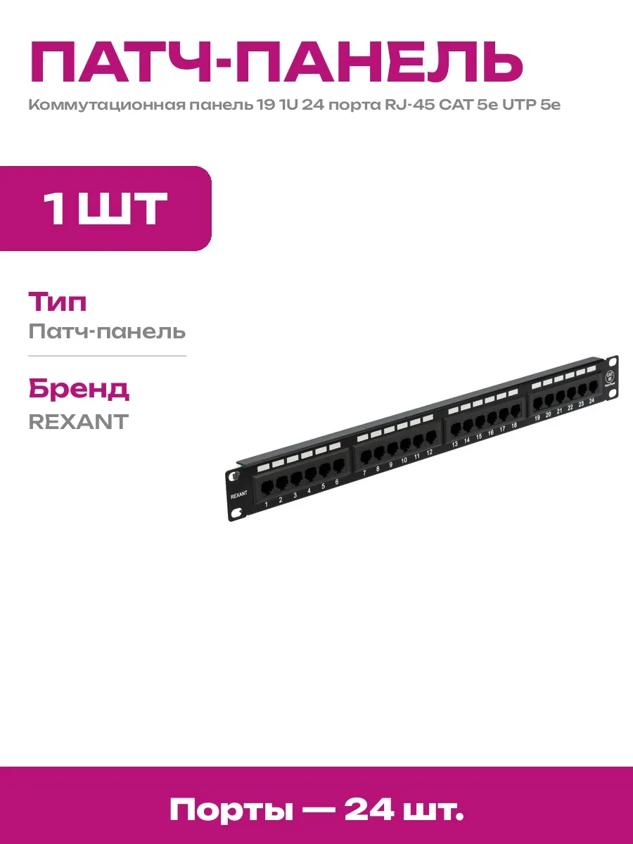 Патч панель 19 1U 24 порта Cat 5e UTP коммутационная черная