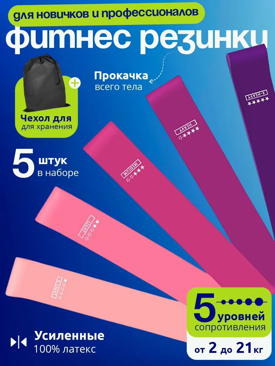 Резинки для фитнеса ленточный эспандер жгут набор 5шт