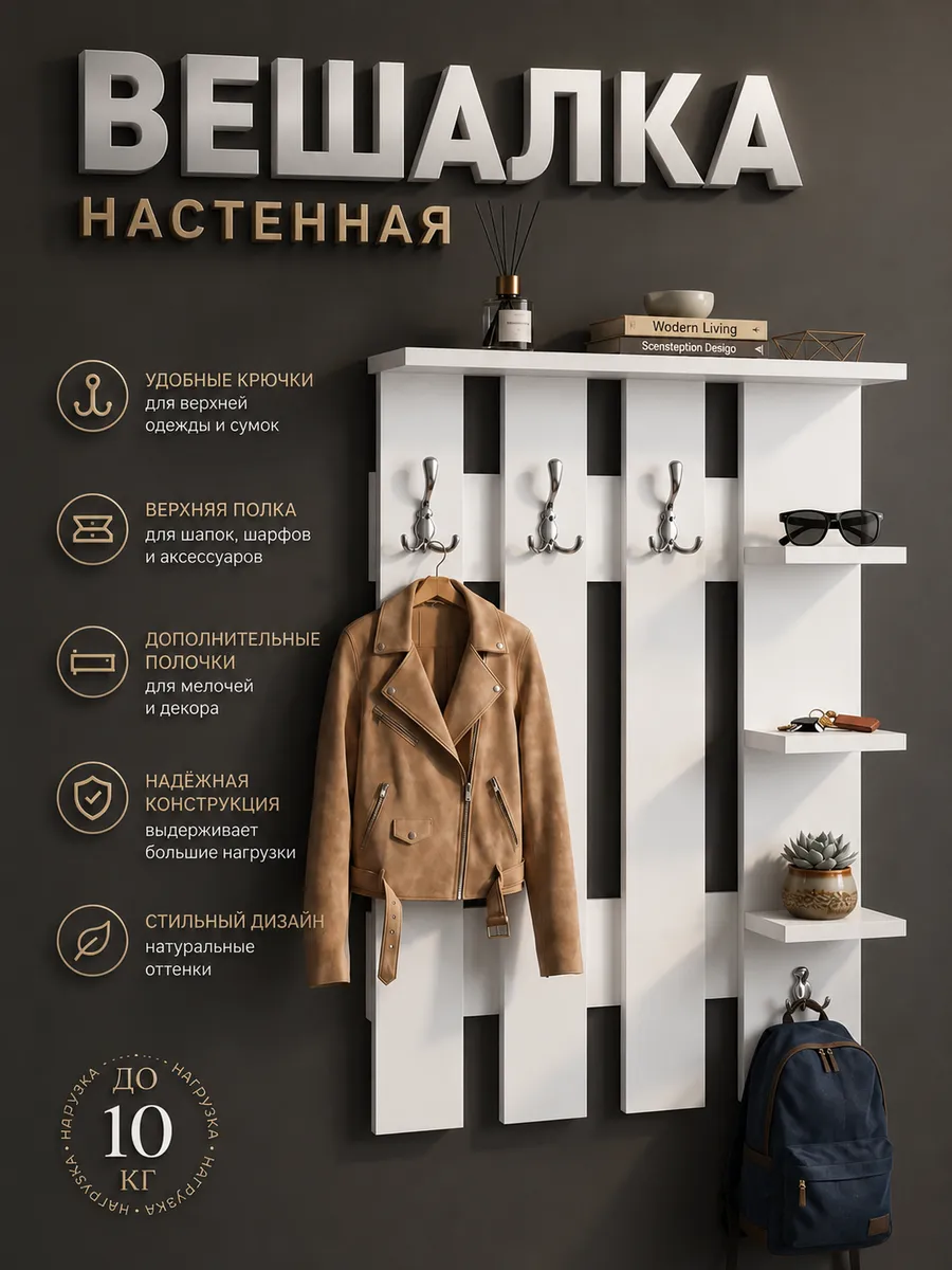 Вешалка в прихожую с полками и крючками настенная