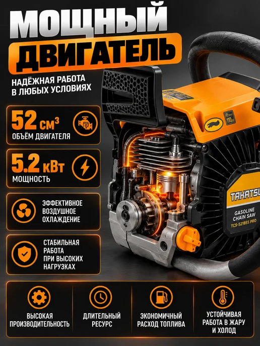 TAKATSU Бензопила бензиновая цепная мощная 5200Вт, 5200 Вт, фото 2