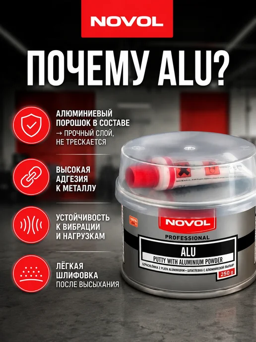 NOVOL Шпатлевка автомобильная с алюминием Alu, 250г, 250 г, фото 2