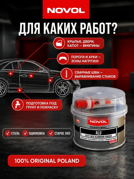 NOVOL Шпатлевка автомобильная с алюминием Alu, 250г, 250 г, фото 5
